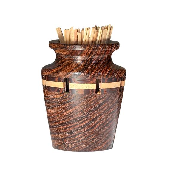 Handmade Toothpick Holder of Marquetry Pieced and Turned Wood - Picture 1 of 8